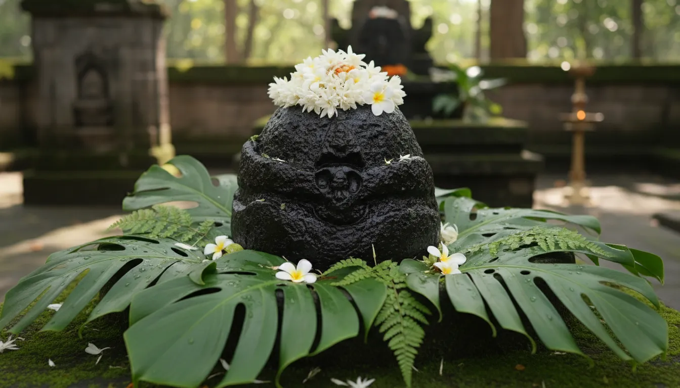 dark textured Shiva lingam decorated with white flowers and surrounded by green leaves