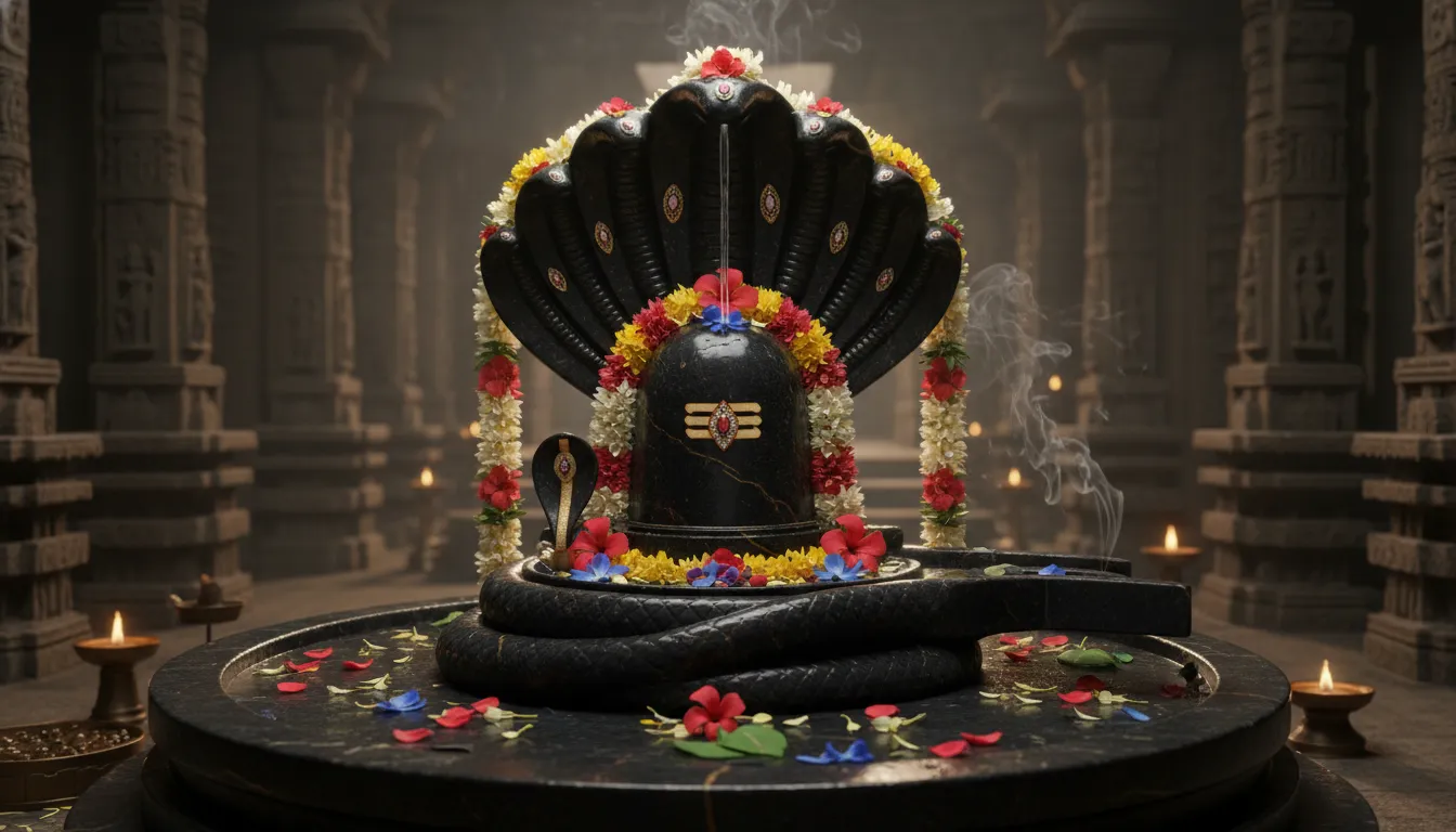 Decorated Shiva Lingam with cobra hood design and flowers in a dark setting