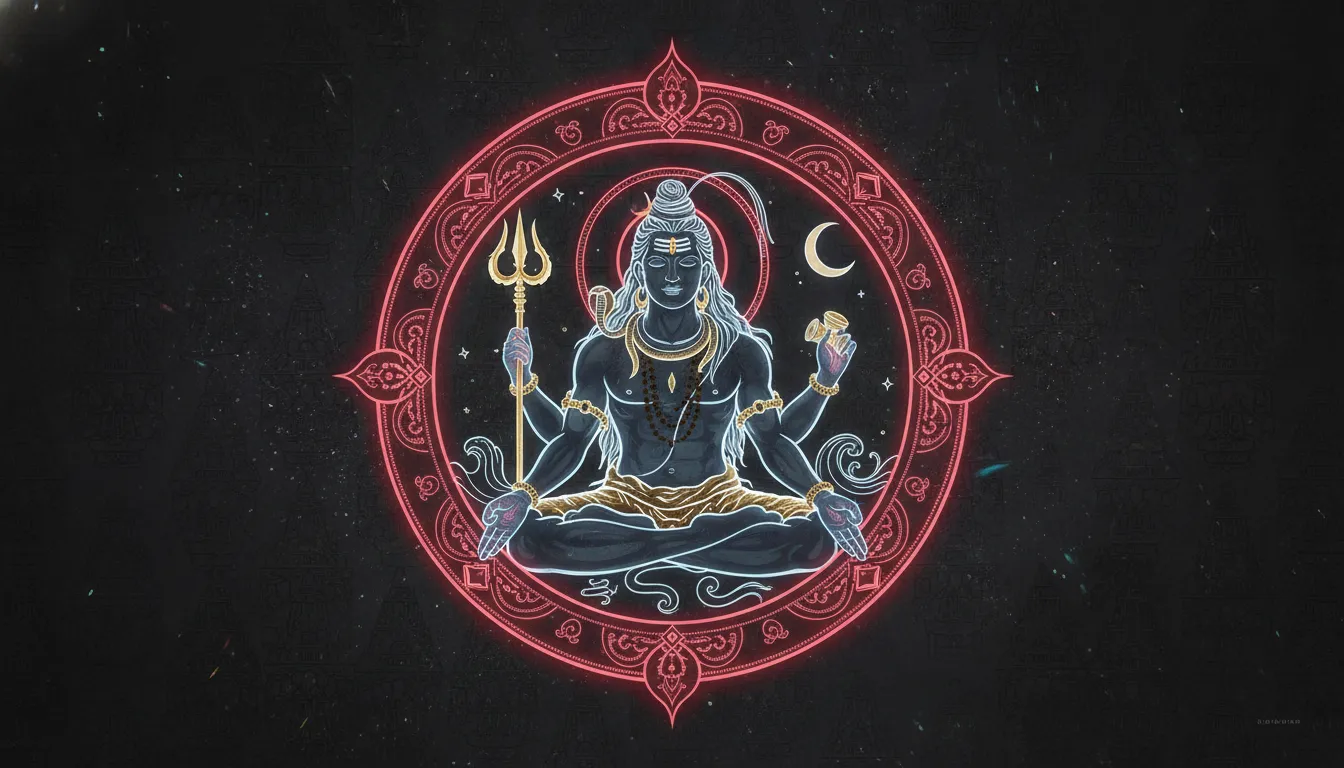 : decorative image of Shiva statue inside glowing red circle with symbolic elements around
