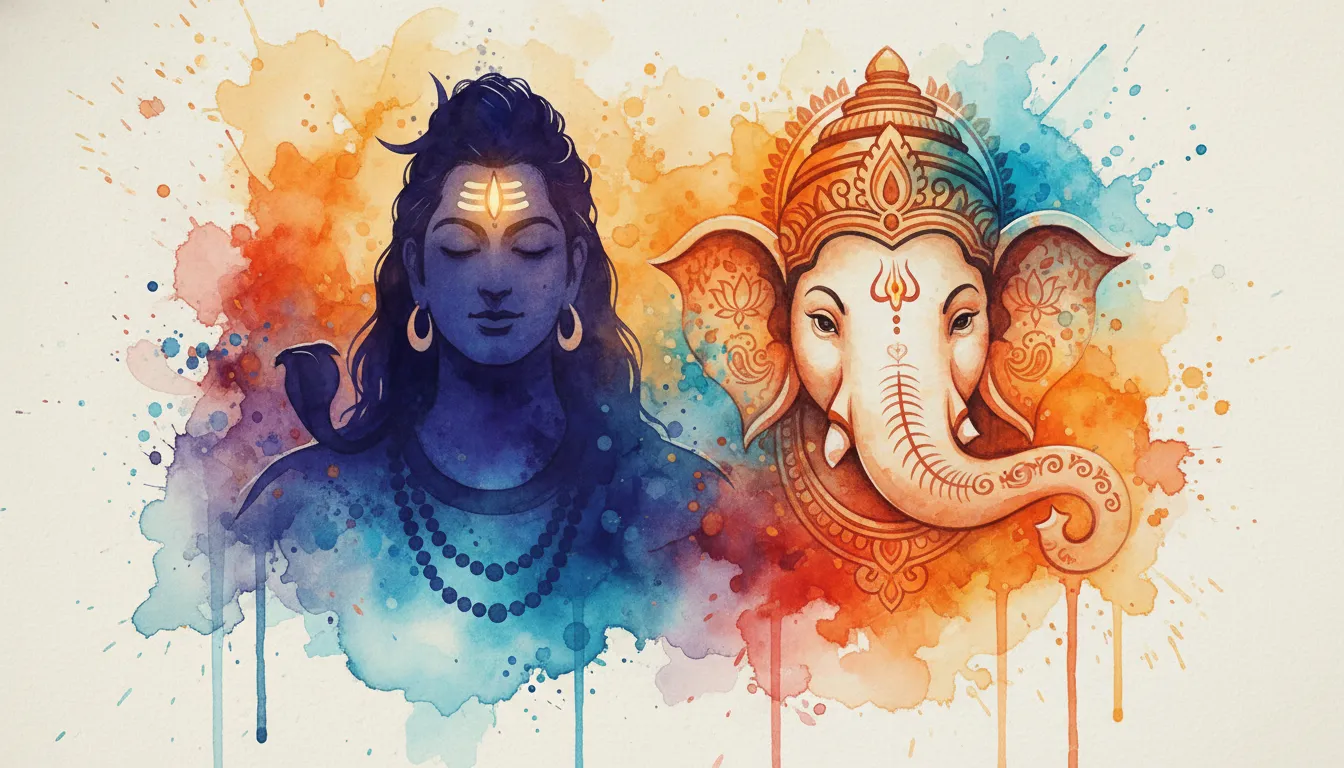 Artistic watercolor painting style photo of Mahadev and Ganpati.