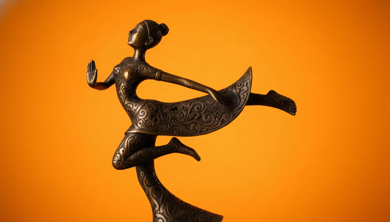 Bronze sculpture of a dancing figure placed against a bright orange background