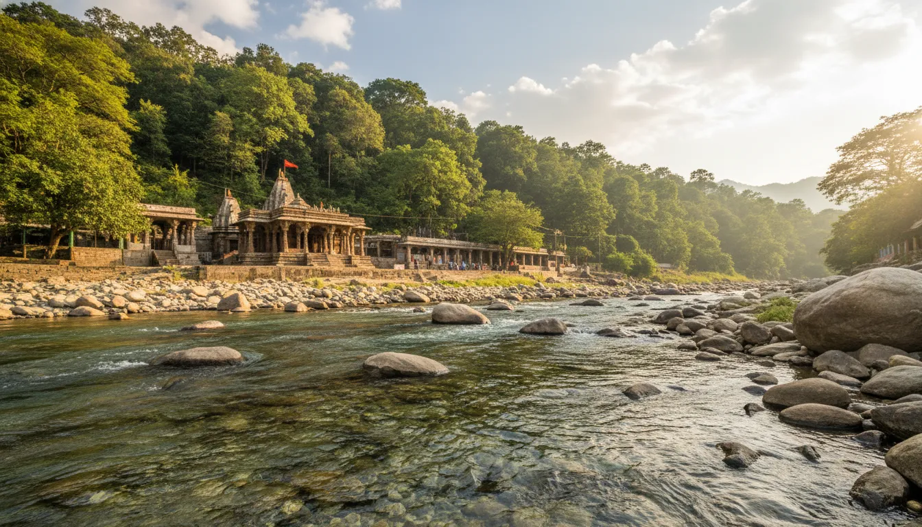 Beautiful scenic view of the Asan River flowing alongside the Tapkeshwar Mahadev Mandir structure in Dehradun.