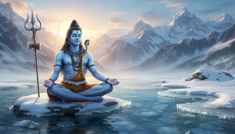 Lord Shiva in deep meditation by an icy riverbank with a trident and snow-covered mountains behind.