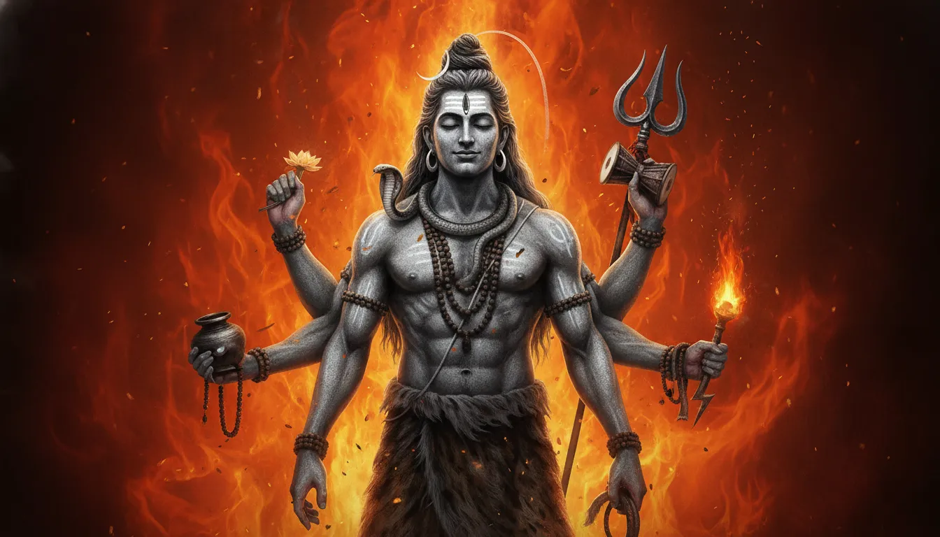 Ash-smeared multi-armed Shiva holding a trident while standing inside an eternal spiritual fire pit.