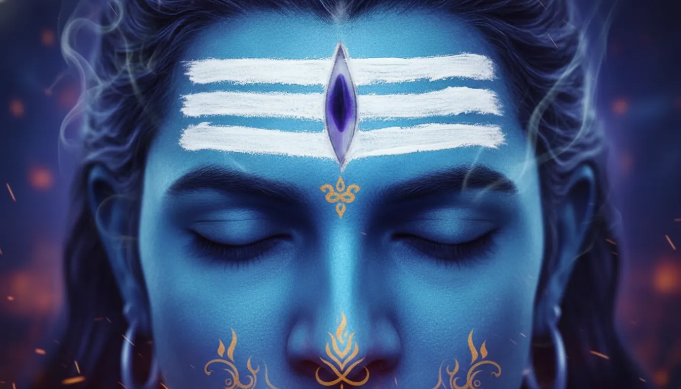White vibhooti ash smeared on Shiva’s blue forehead during deep meditation