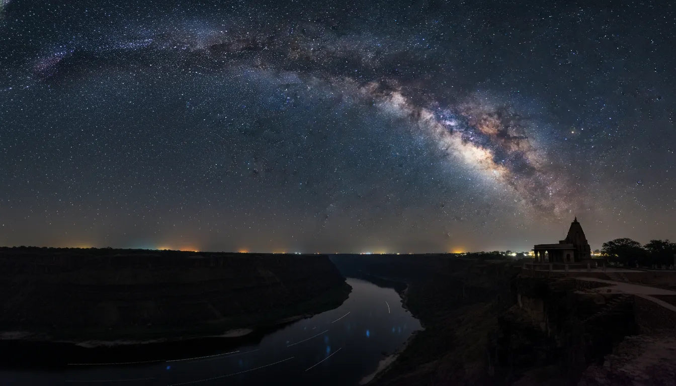 Long exposure night photo of the Milky Way galaxy over the dark cliffs of Garadia Mahadev.