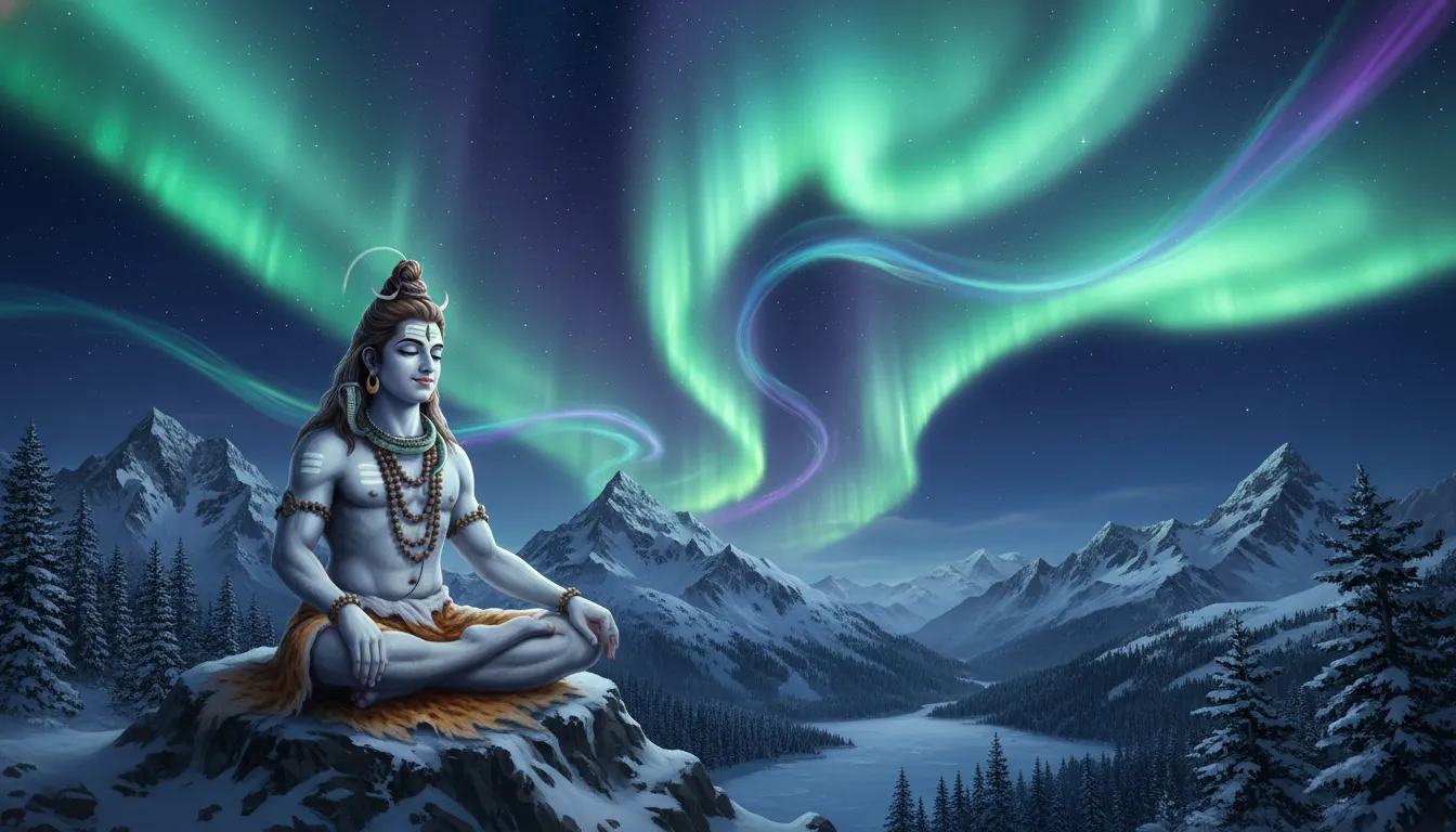 Lord Shiva meditating on a snow-covered peak underneath brilliant green and purple Northern Lights.