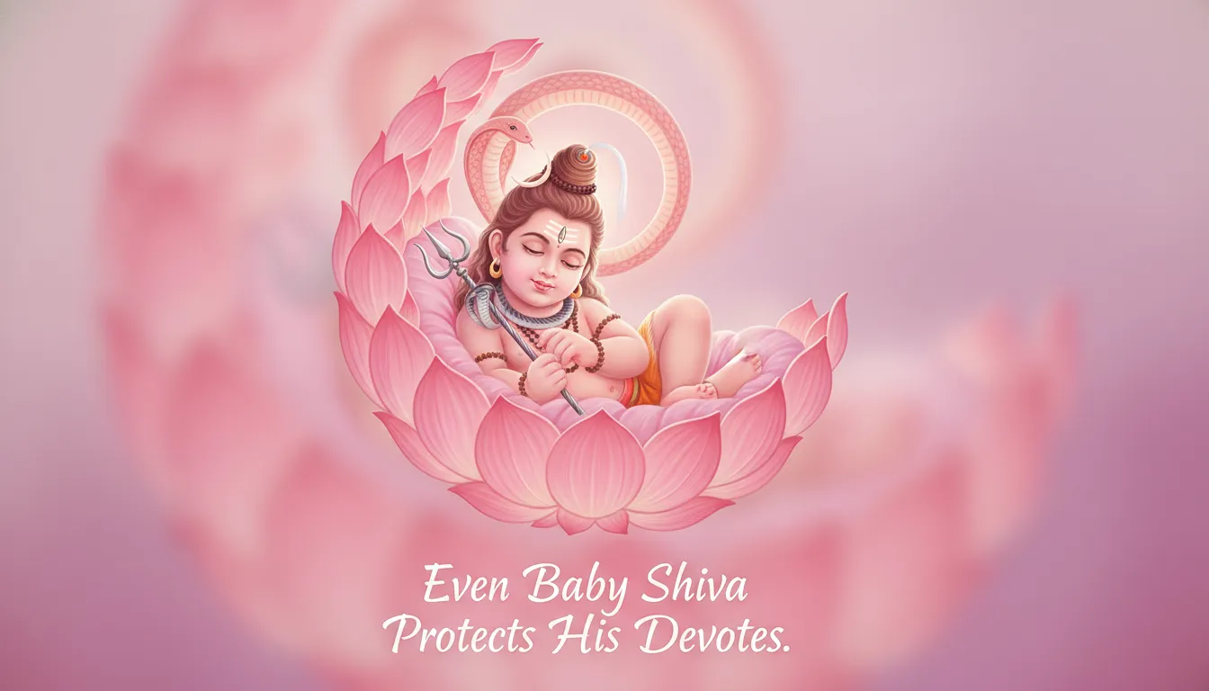 Pink colored baby Shiva smiling, holding a small pink trident toy, lying on lotus petals