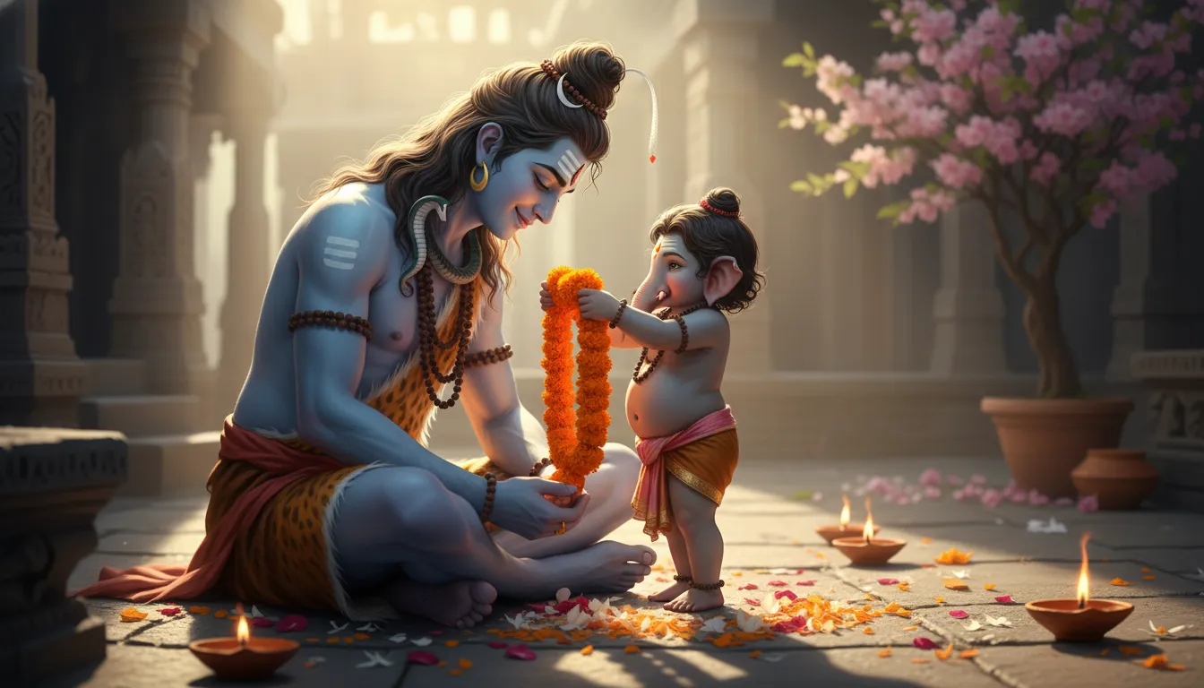 A colorful digital illustration of baby Ganesha placing a garland of marigold flowers around Lord Shiva's neck.