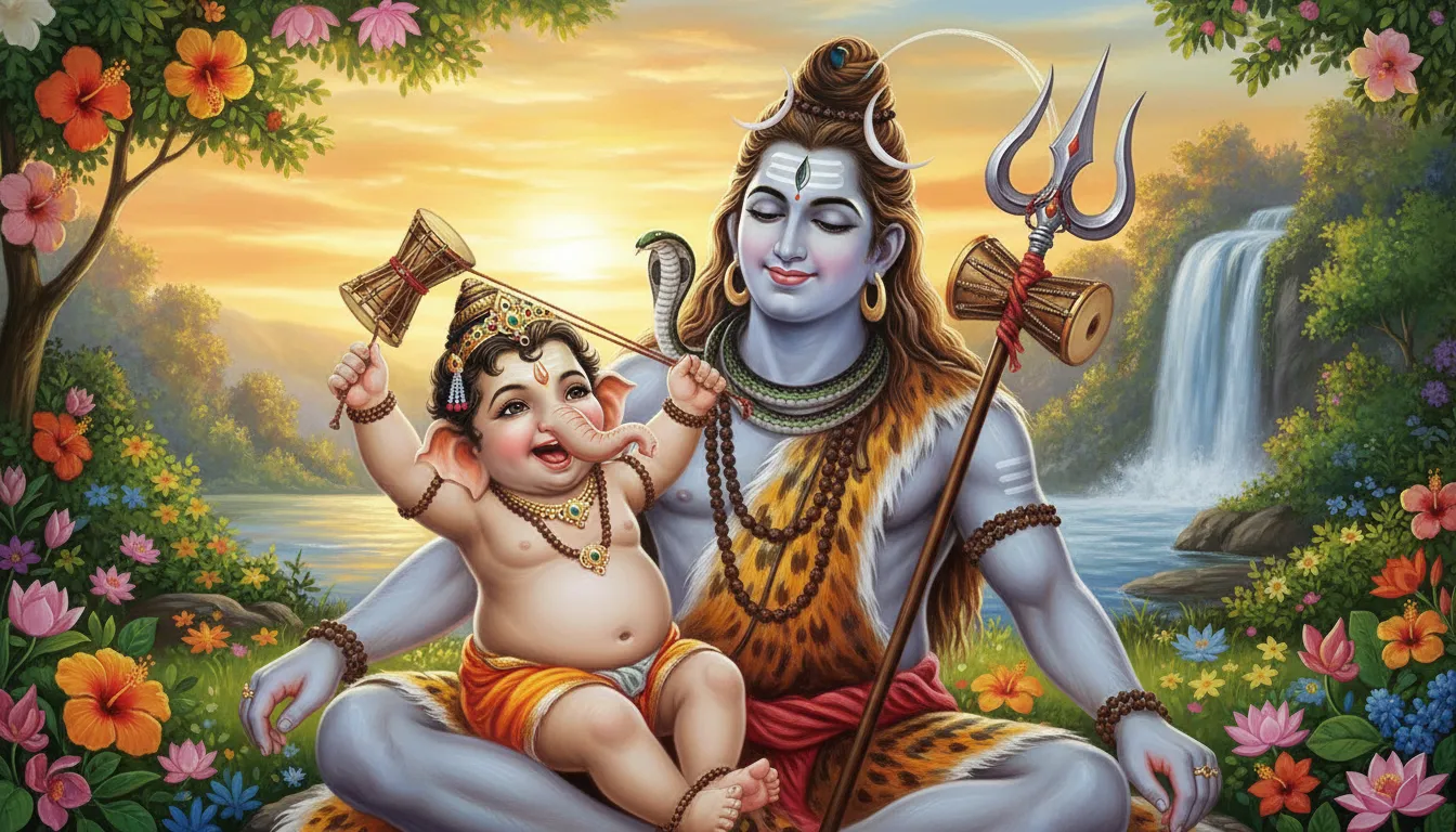 A vibrant illustration of toddler Ganesha playfully reaching for Lord Shiva's holy damru drum.