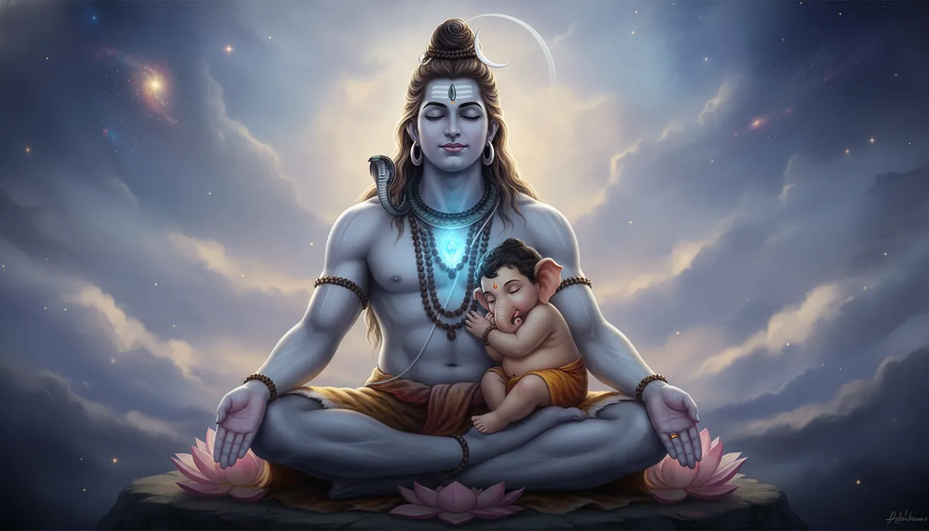 A peaceful, realistic digital art piece of an infant Ganesha sleeping soundly on the shoulder of a meditating Lord Shiva.