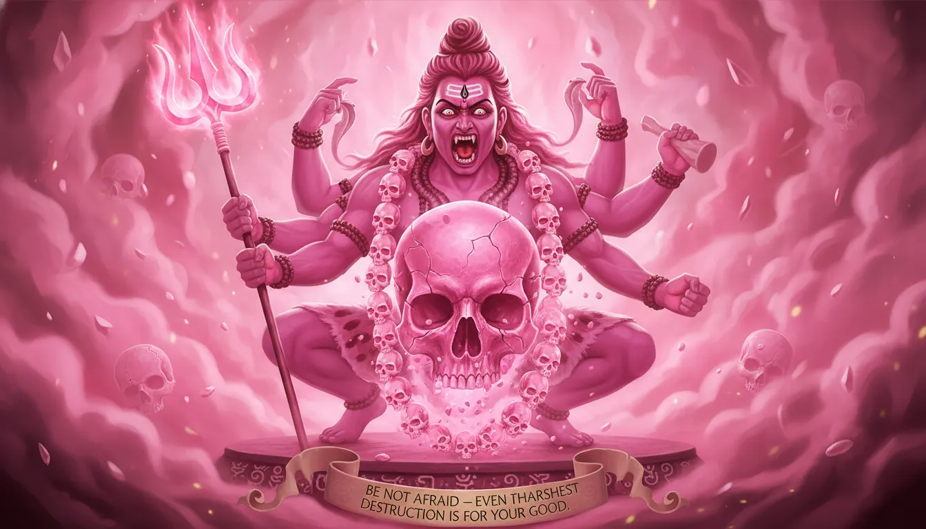 Fierce pink Lord Bhairava holding trident with skull on top, surrounded by pink smoke