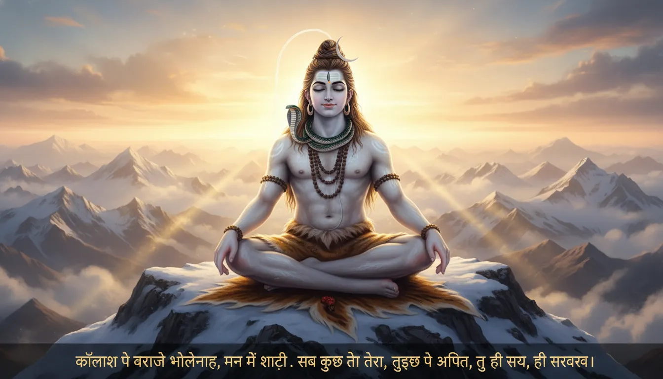 Beautiful Bholenath meditating on Mount Kailash with peaceful shayari