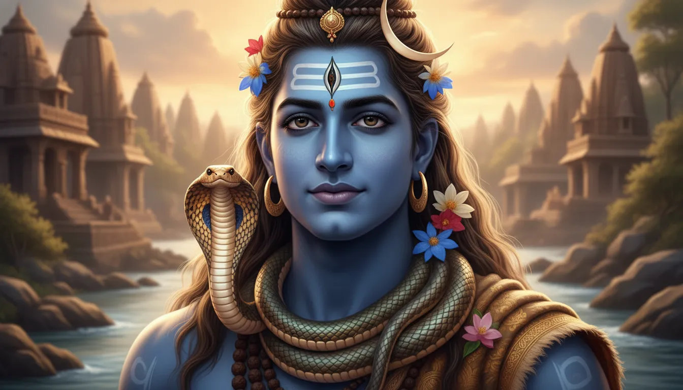 Close-up portrait of Bholenath with a calm expression and a serpent around his neck