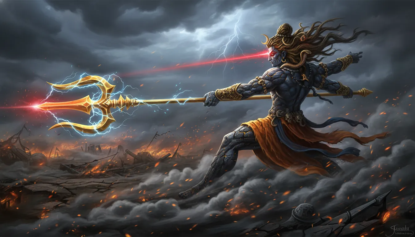Lord Bholenath transforming into a warrior, standing in a fierce battle stance on a dark smoky battlefield.