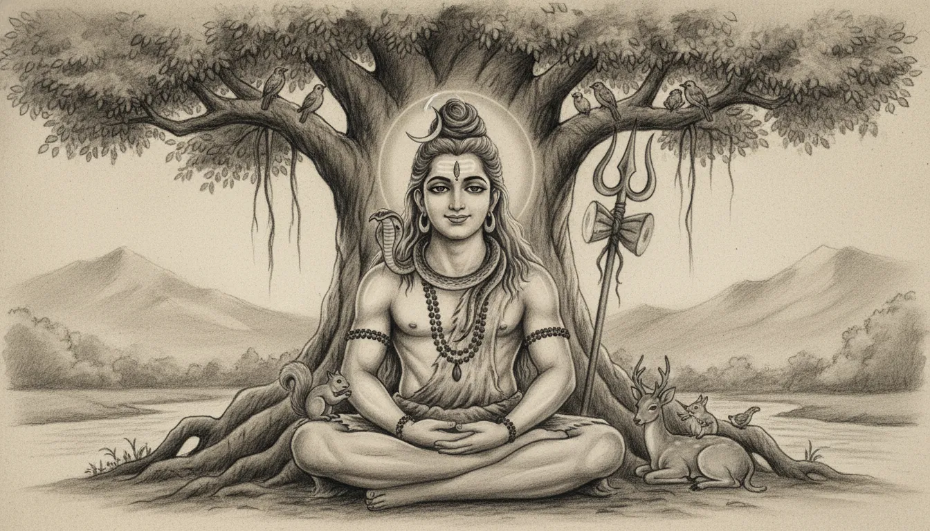 A gentle and soft portrait drawing of Lord Shiva as Bholenath with a peaceful smile.
