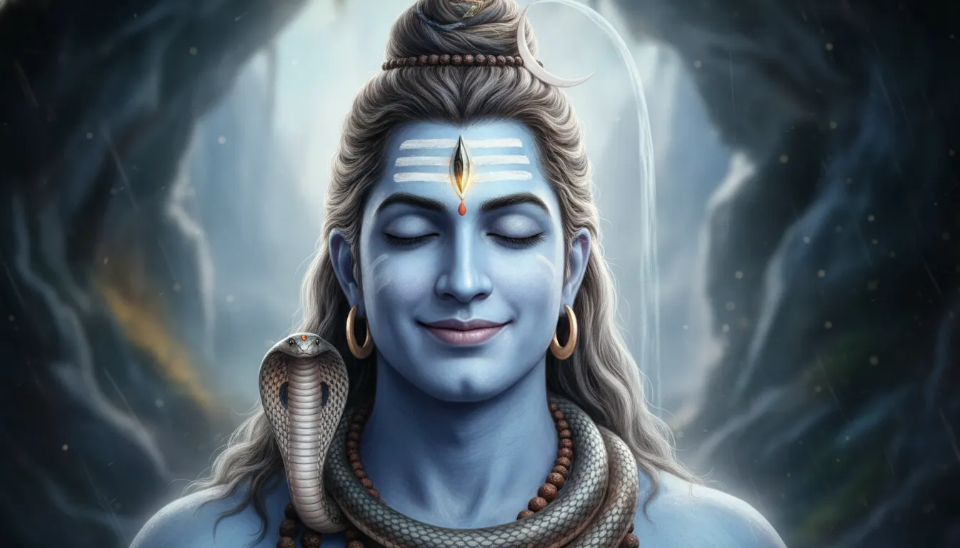 Close up face of smiling Bholenath with glowing third eye