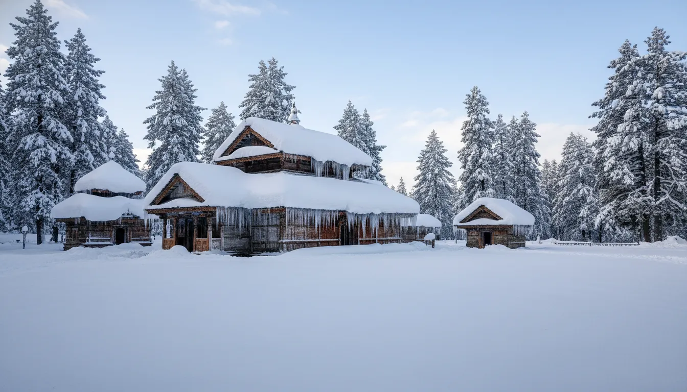 Winter view of Bijli Mahadev Temple completely covered in deep white snow during January.