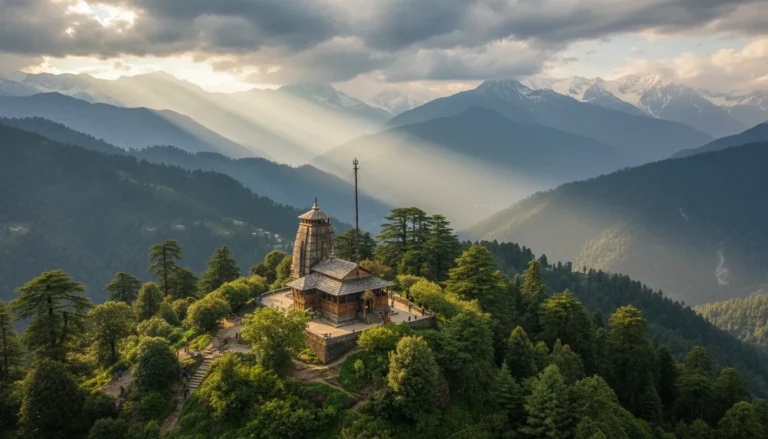 Majestic wide-angle view of Bijli Mahadev Temple on a mountain peak in Kullu Himachal Pradesh.
