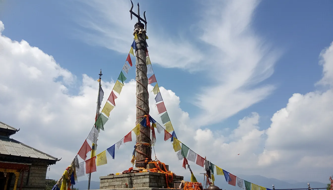 Close-up of the tall wooden pole lightning conductor at Bijli Mahadev Temple Kullu.