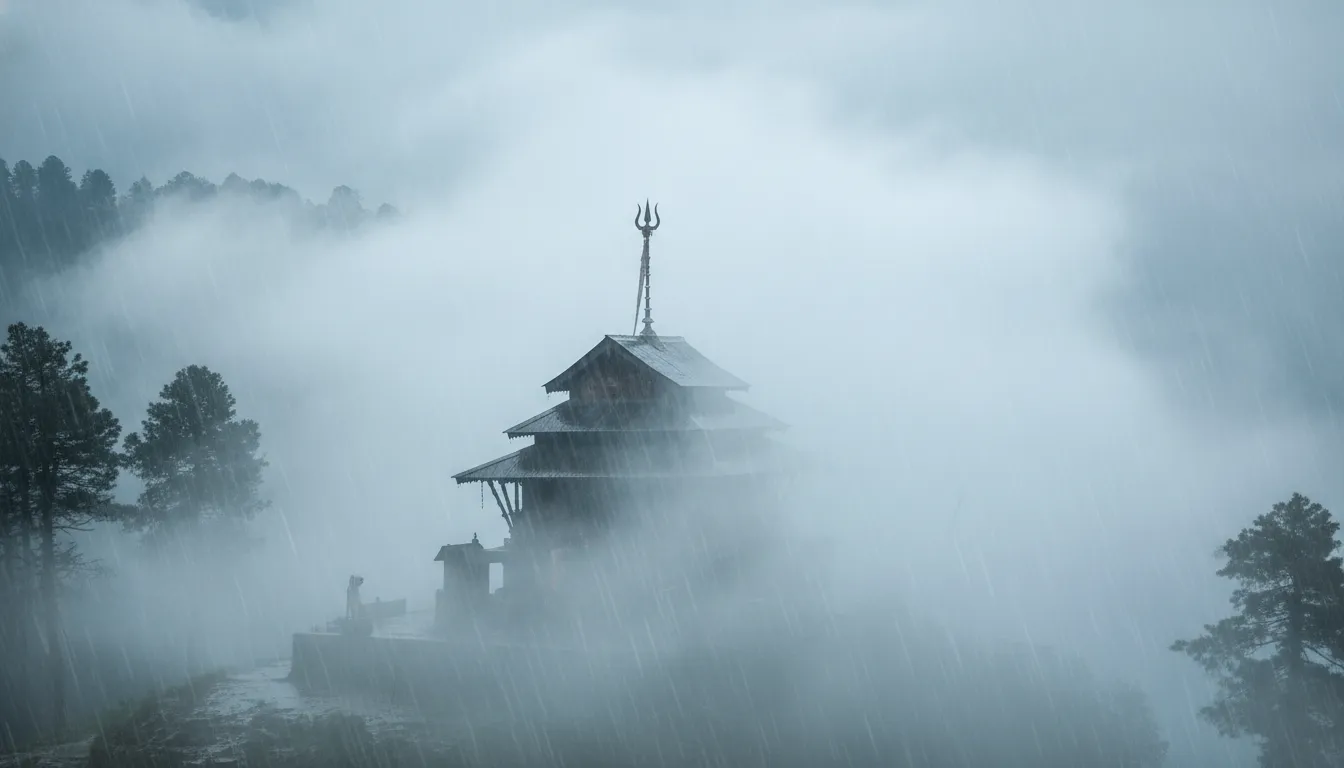 Mystical view of Bijli Mahadev Temple Kullu half-hidden inside low-flying monsoon clouds.