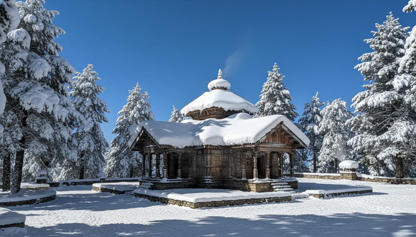 Ancient Bijli Mahadev Temple Kullu covered in thick white snow during winter season.