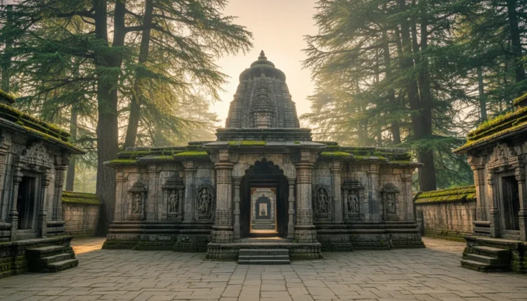 Ancient stone entrance of Binsar Mahadev Temple surrounded by tall pine trees in Almora Uttarakhand.