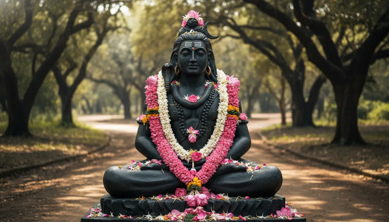 A black Lord Shiva statue seated outdoors in meditation with floral garlands around the neck.