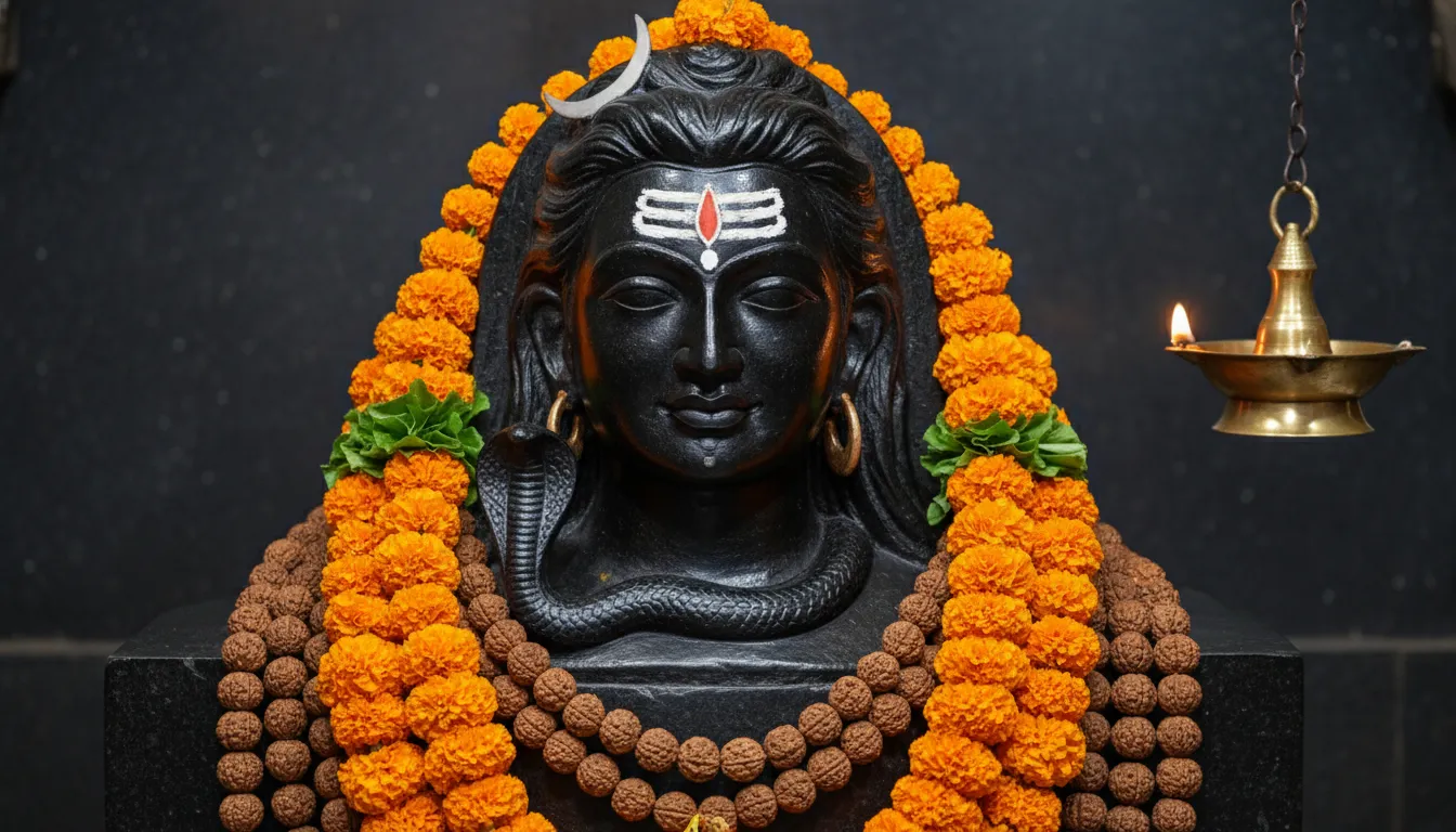 Polished black stone Mahadev murti adorned with real rudraksha beads garlands and fresh orange marigold flowers