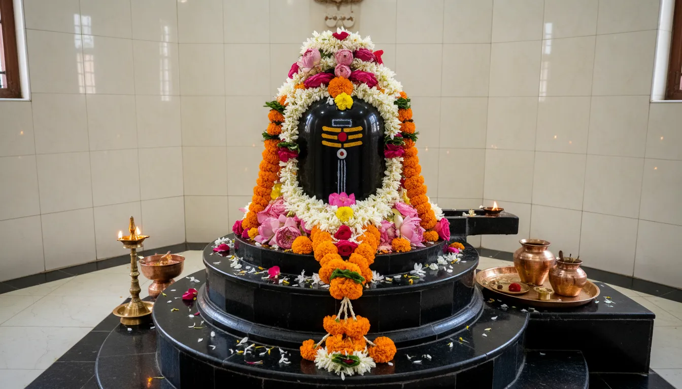 Black stone Shiva lingam placed on a pedestal surrounded by colorful flowers