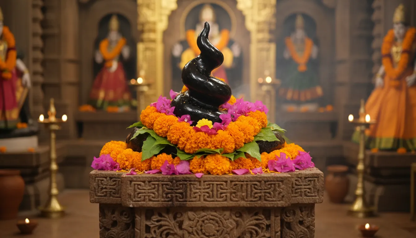 polished black stone shrine decorated with marigold and pink flowers in temple setting
