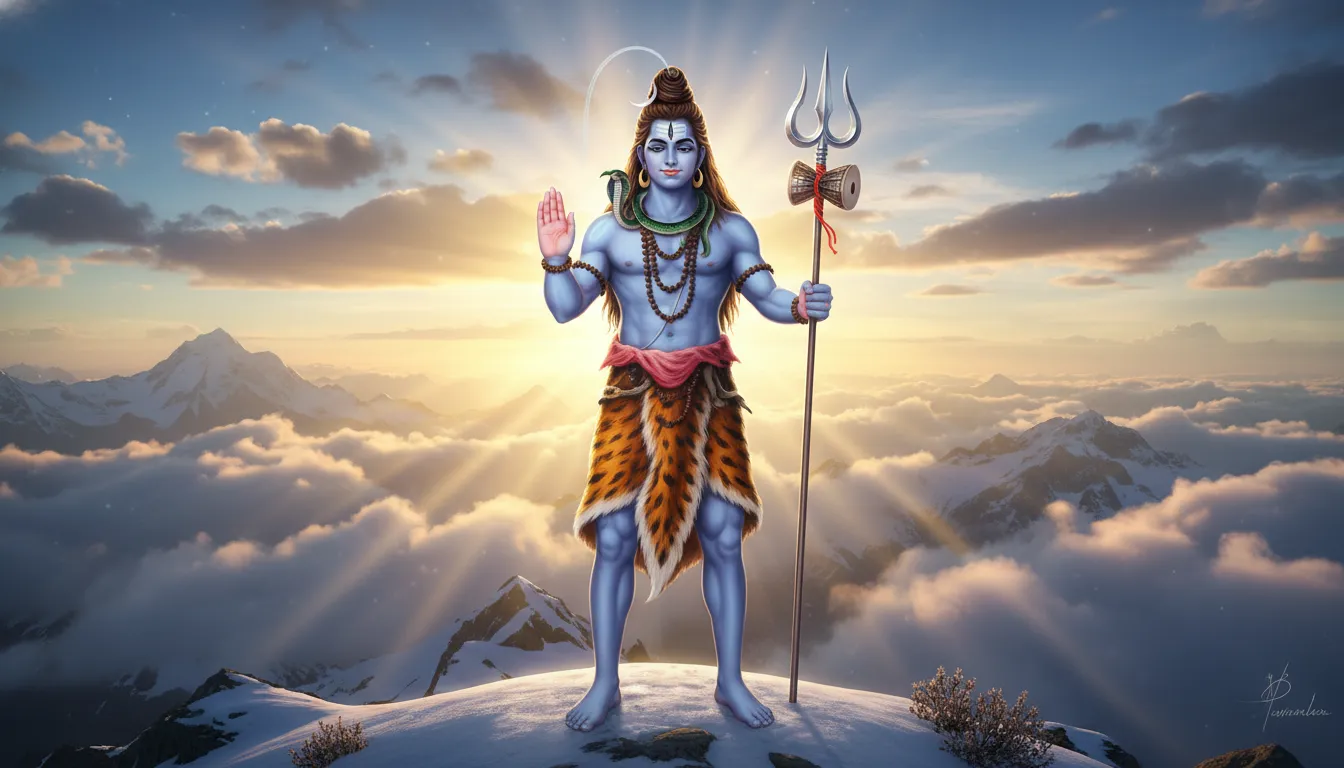 Lord Shiva raising his hand in blessing with a glowing trishul morning wallpaper