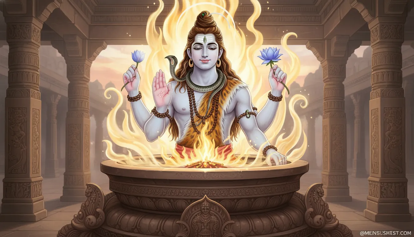 Benevolent multi-armed Shiva smiling gently while emerging from a sacred ritual fire pit.