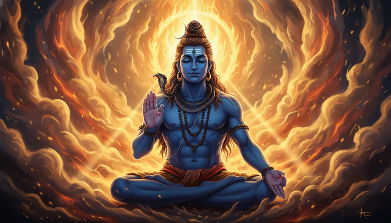 Lord Shiva raising his hand in the Abhaya Mudra blessing pose surrounded by swirling golden flames.