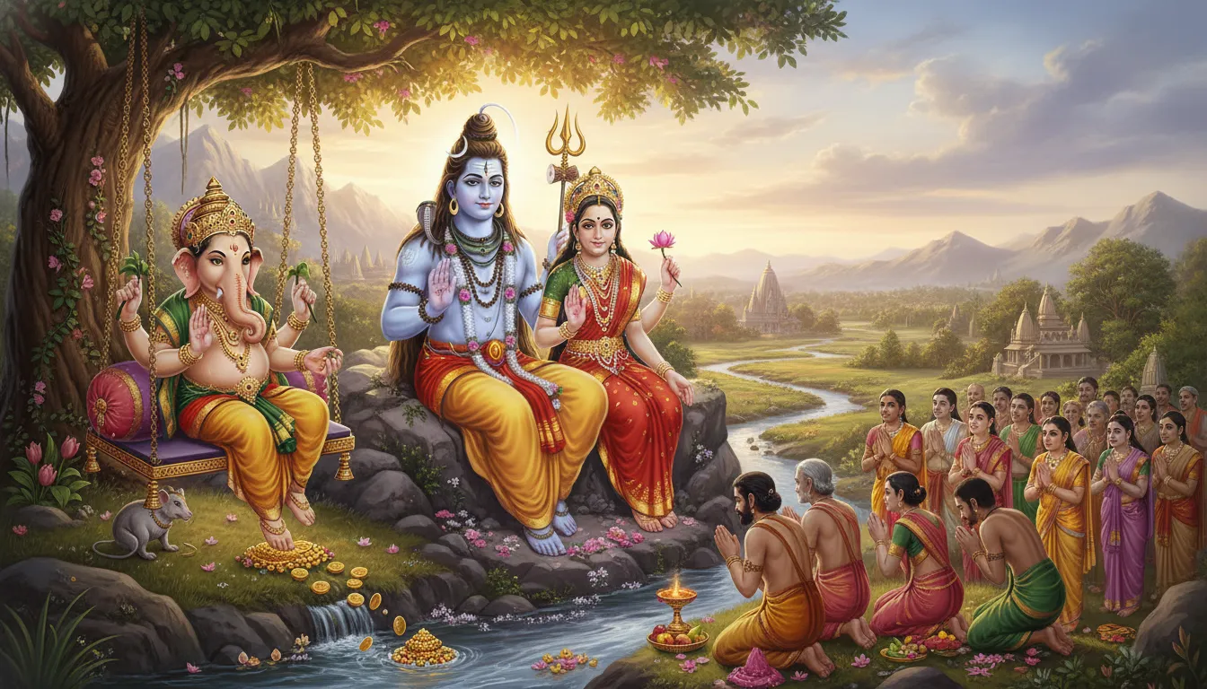 Shiva and Parvati blessing with Ganesha sitting happily