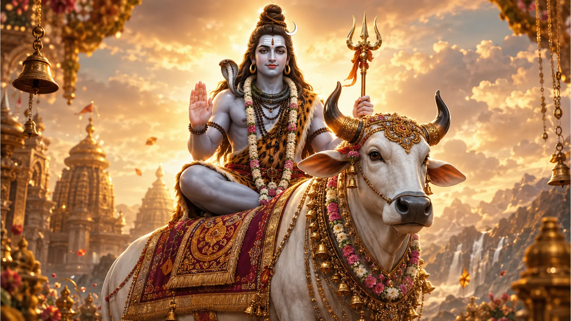 Lord Shiva raising his hand in a blessing gesture while seated comfortably on Nandi.