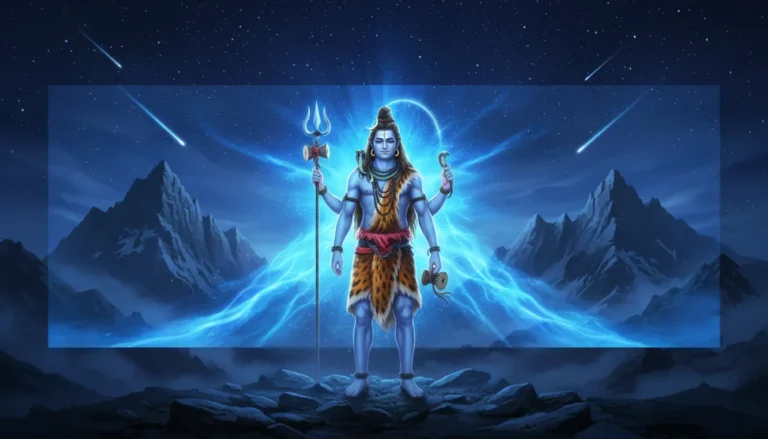 Lord Shiva surrounded by a blue aura with mountains and stars behind him.