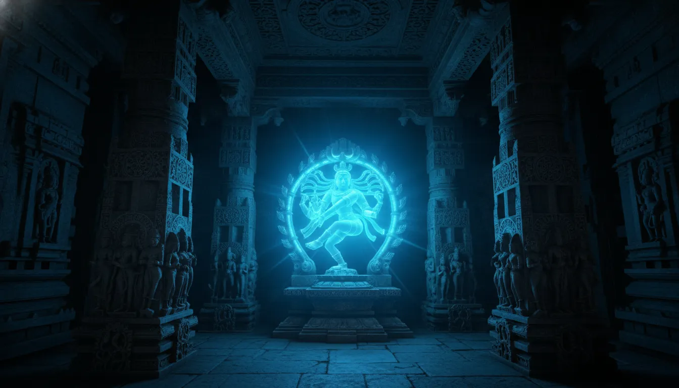 Lord Shiva statue glowing blue light positioned between two stone pillars