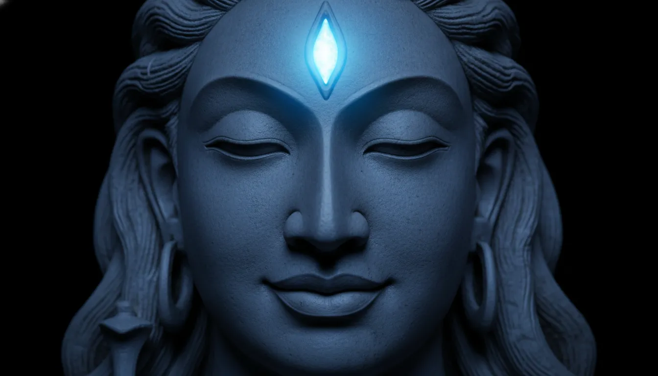 close up of Lord Shiva statue face glowing blue light with third eye detail