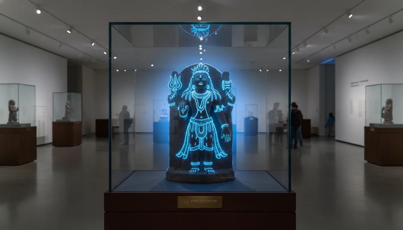 Lord Shiva statue glowing blue light inside glass museum display case