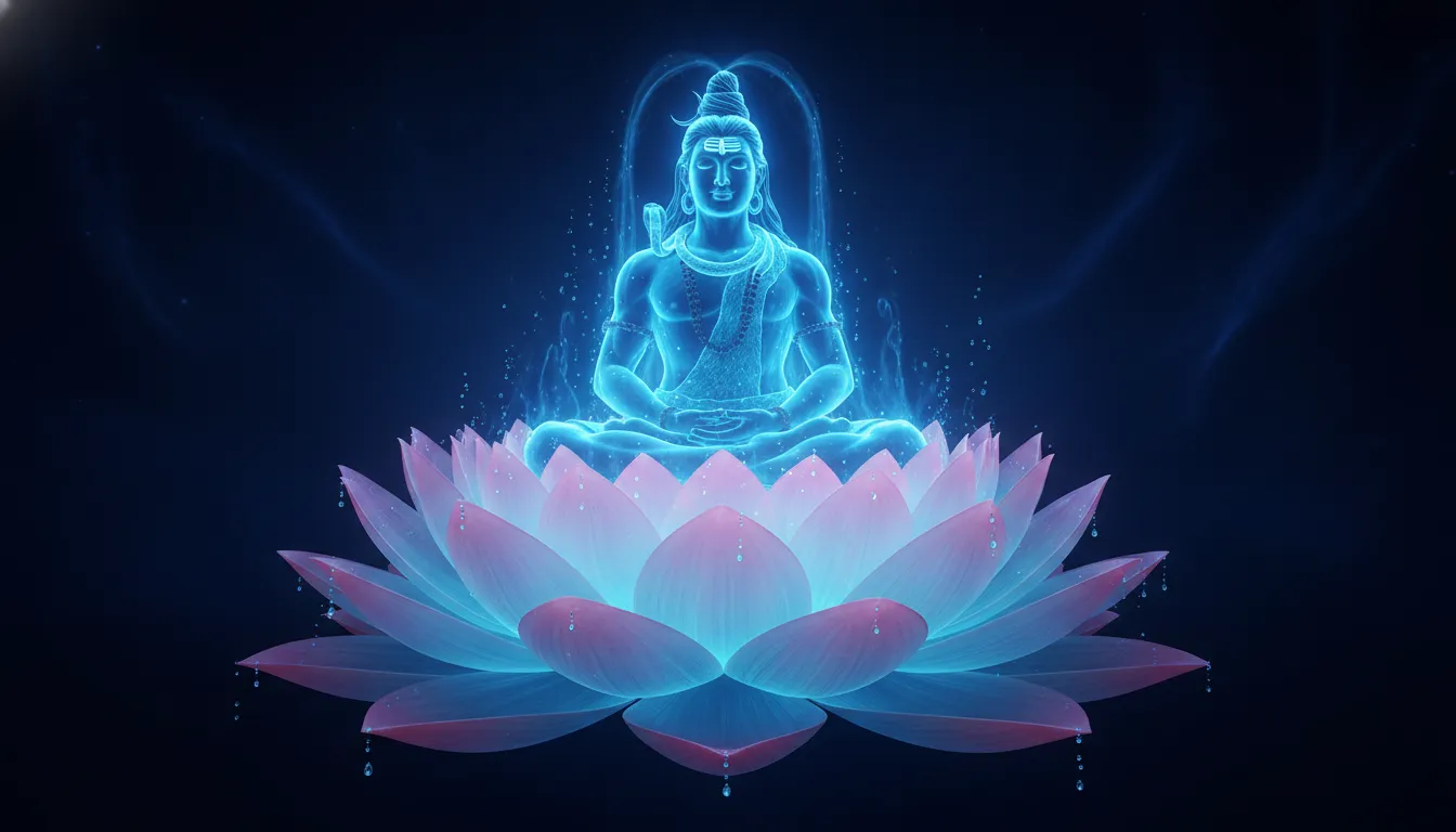 Lord Shiva statue glowing blue light seated on lotus platform