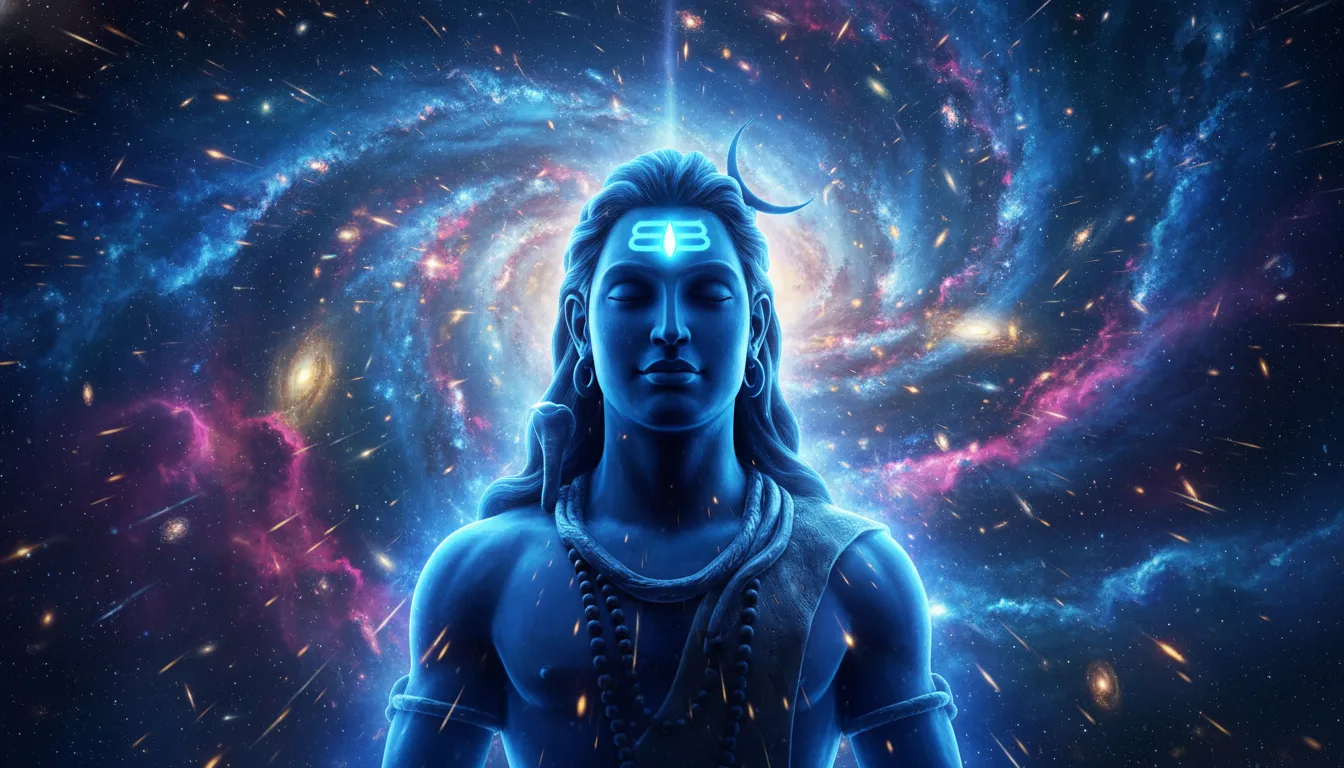 Lord Shiva statue glowing blue light with cosmic stars and nebula background