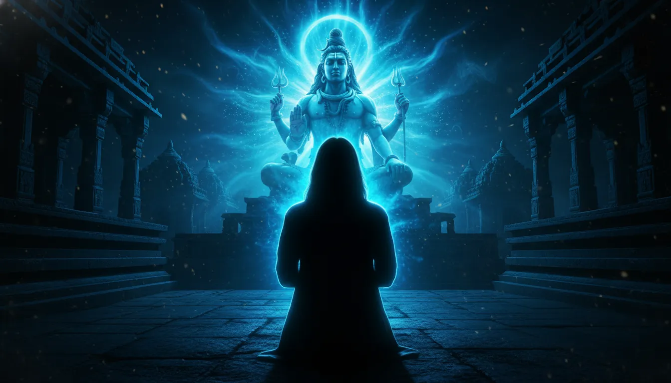 Lord Shiva statue glowing blue light with devotee silhouette praying in foreground