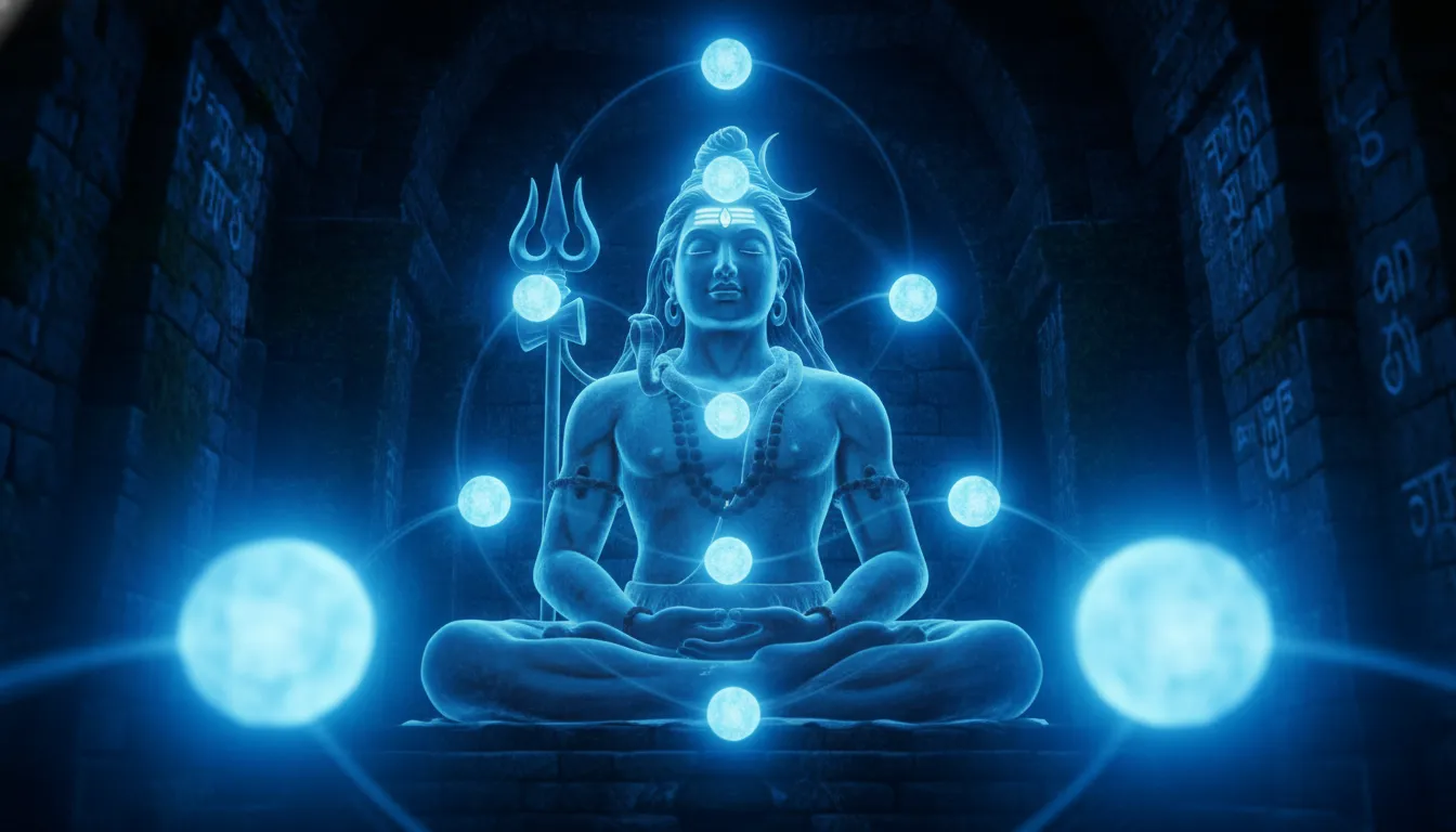 Lord Shiva statue glowing blue light with floating meditation orbs around
