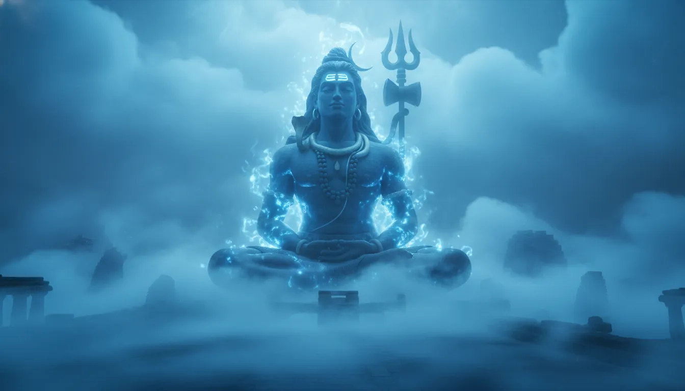 Lord Shiva statue glowing blue light with fog and mist swirling around