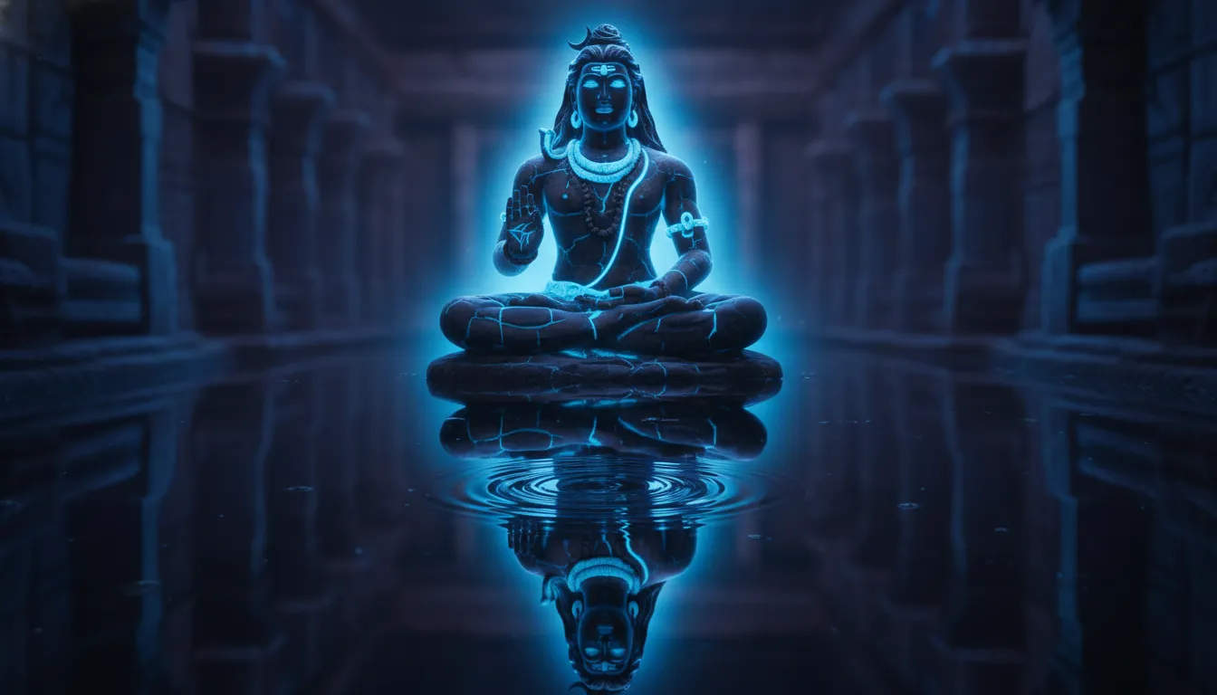 Lord Shiva statue glowing blue light reflected in calm water pool