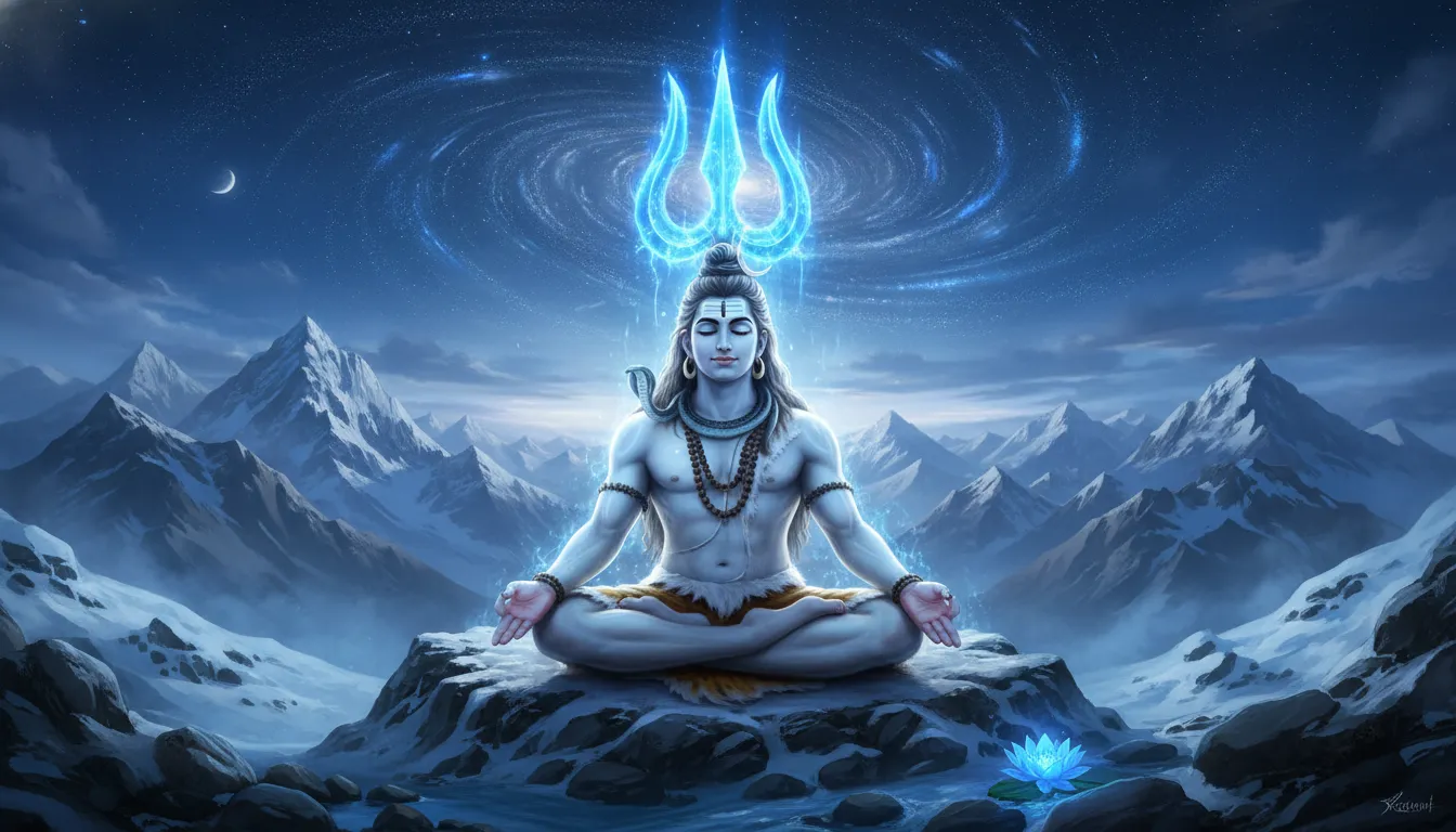 Lord Shiva meditating with glowing blue trident trishul behind him