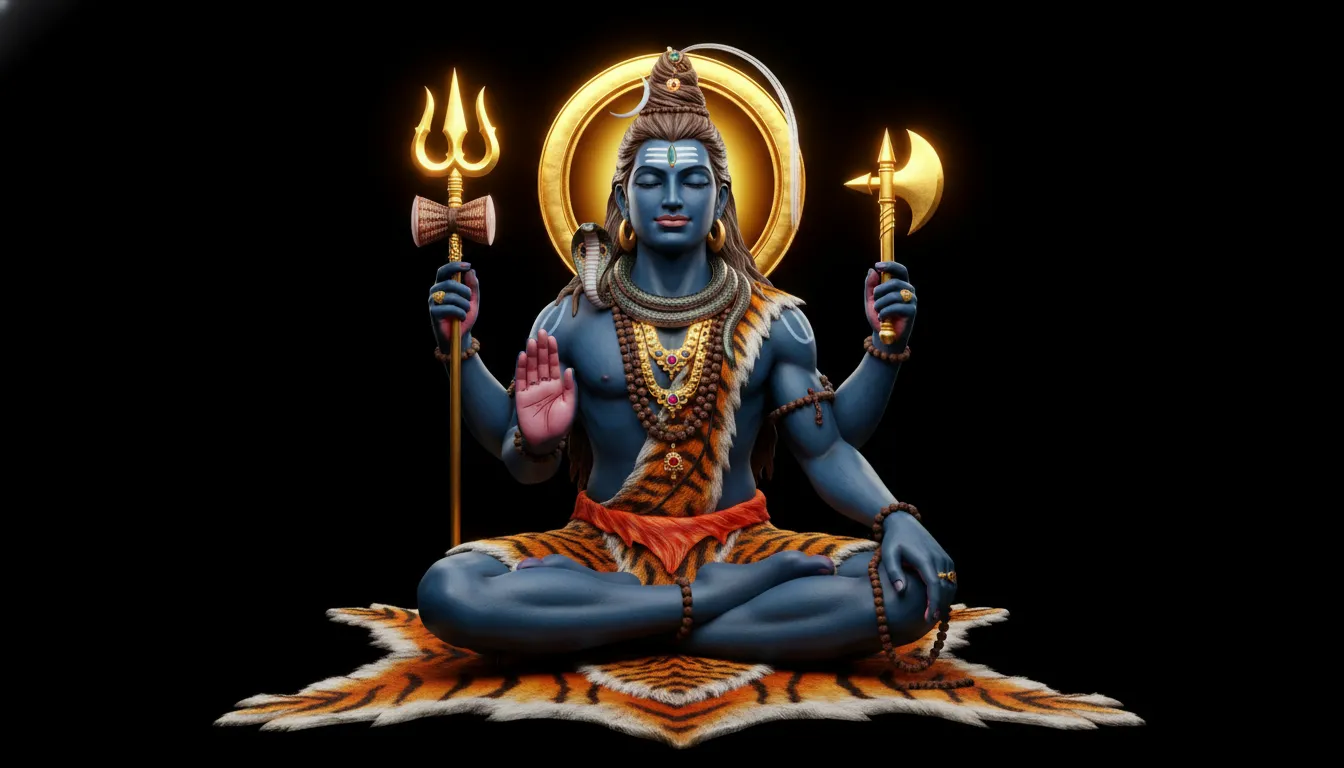 A blue Lord Shiva idol sits cross-legged on a tiger-skin seat, holding a trident and an axe against a dark background.