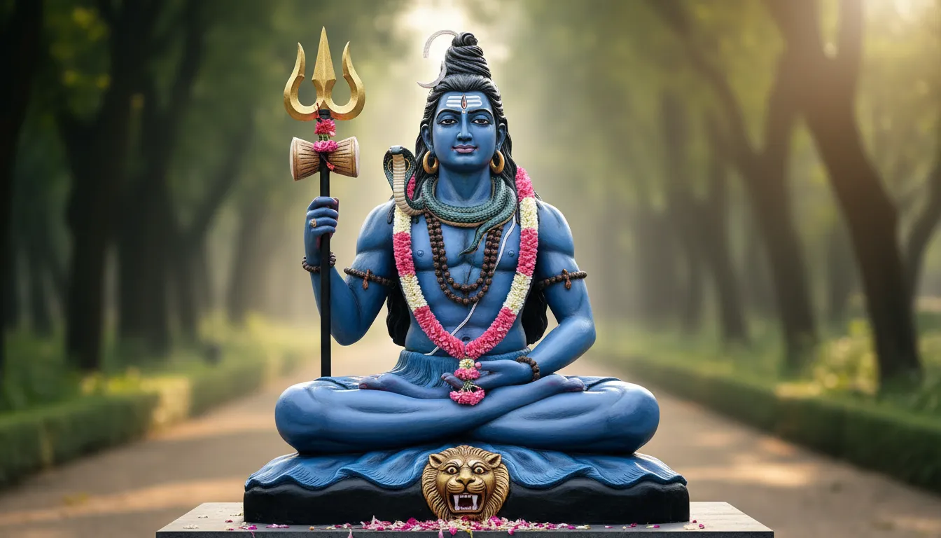 A blue Lord Shiva statue seated with a trident, snake, prayer beads, and decorative base.