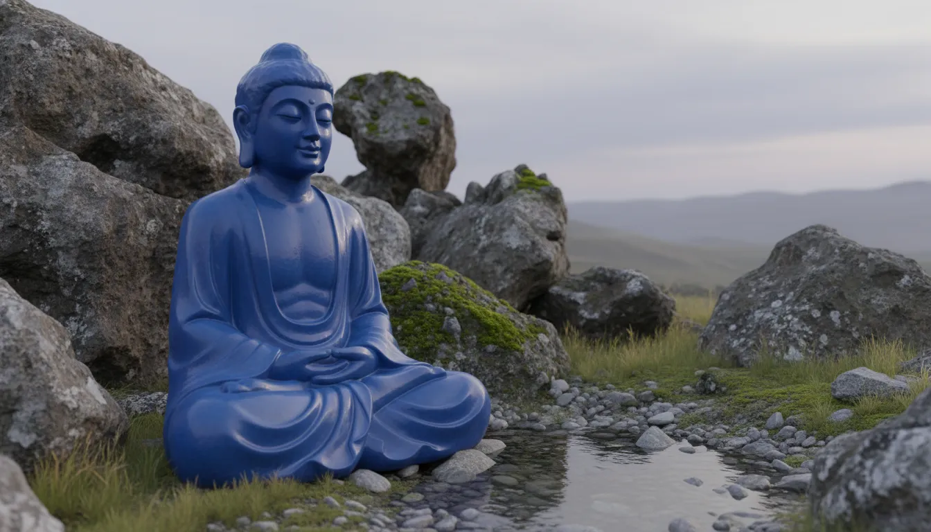 Blue-toned statue meditating among rocky terrain and natural surroundings
